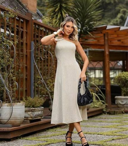 Vestido midi alfaiataria risca e giz ombro único com laço