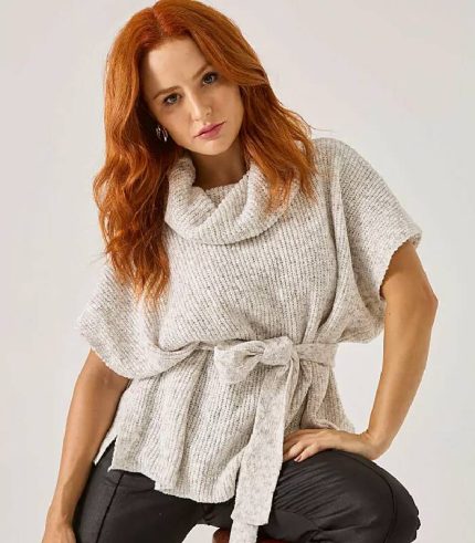 Poncho tricot raglan com cinto